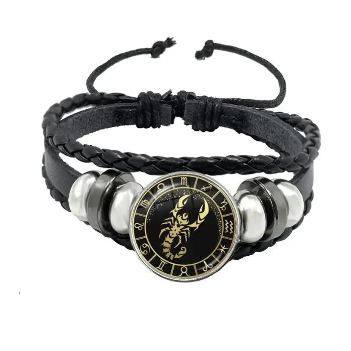 Bracelet des 12 Constellations Scorpion Sagittaire Capricorne Verseau Corde Noire Bouton en Cuir Bijoux du Zodiaque Cadeau Occasion Spéciale