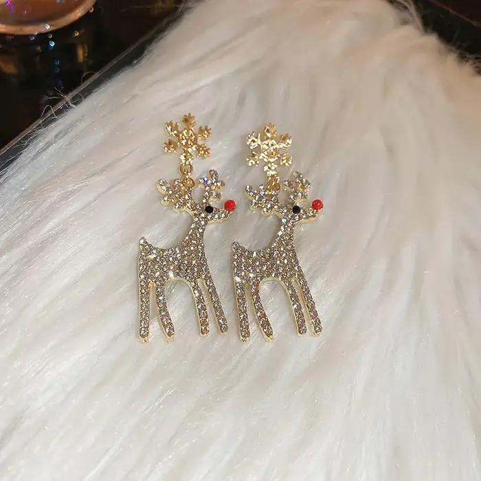 Dessin animé de noël plein strass renne flocon de neige boucles d'oreilles pendantes Animal cerf wapiti