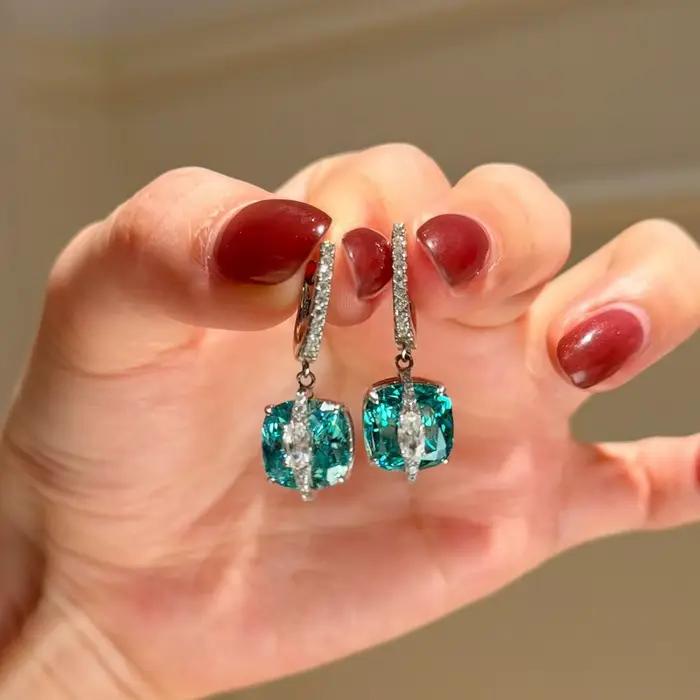 Boucles d'oreilles originales incrustées de diamants bleus Paraiba pour femmes, collier carré de haute qualité, ensembles de bijoux de mariage