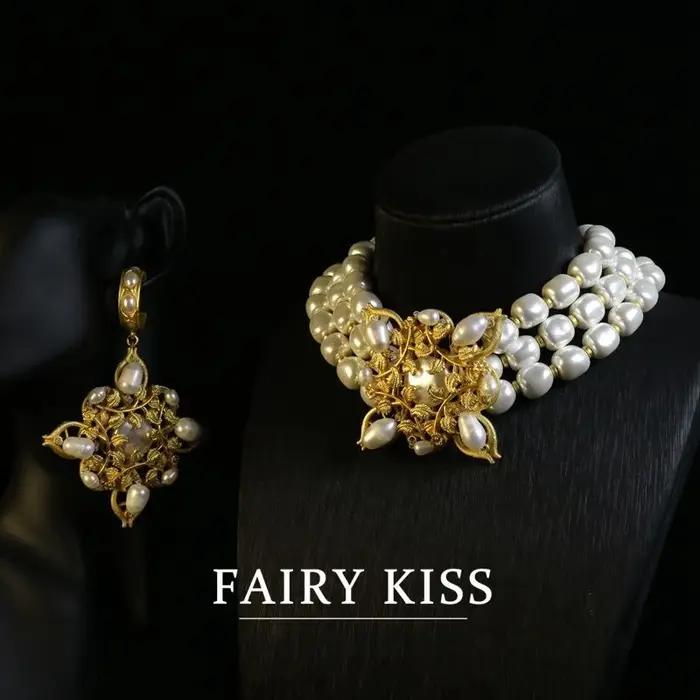 Collier de boucles d'oreilles en Imitation de perles de culture, plaqué or véritable, Vintage frança