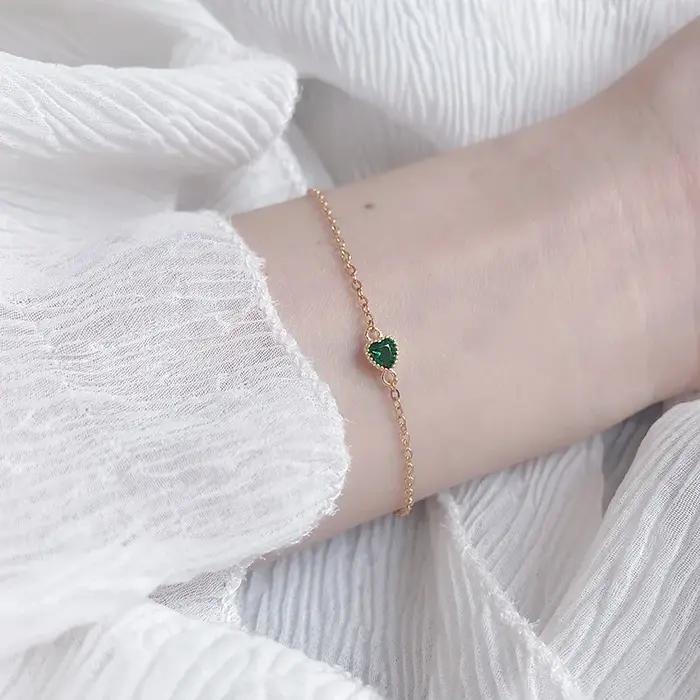 Bracelet Vert Cœur en Argent Sterling 925 Serti de Zirconium Blanc Élégant pour Femmes Occasions Spéciales