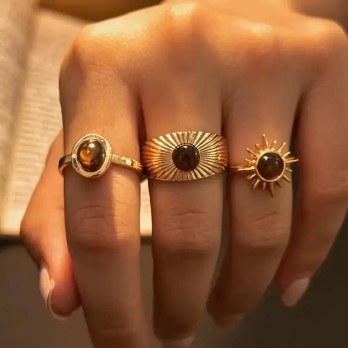 Bagues rétro en pierre marron pour femmes et filles