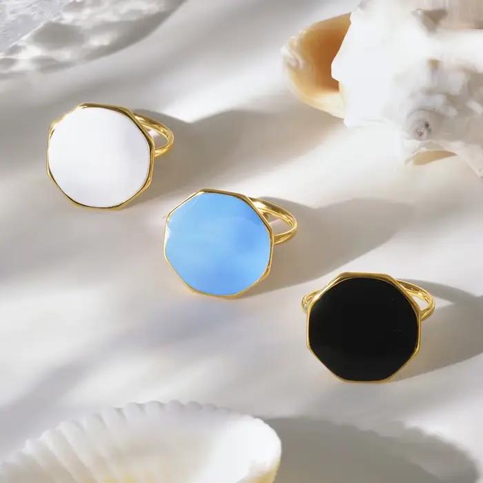 Bague ronde en émail noir blanc et bleu pour femmes, Style gothique, bague en acier inoxydable plaqué or 18 carats, bijoux à la mode