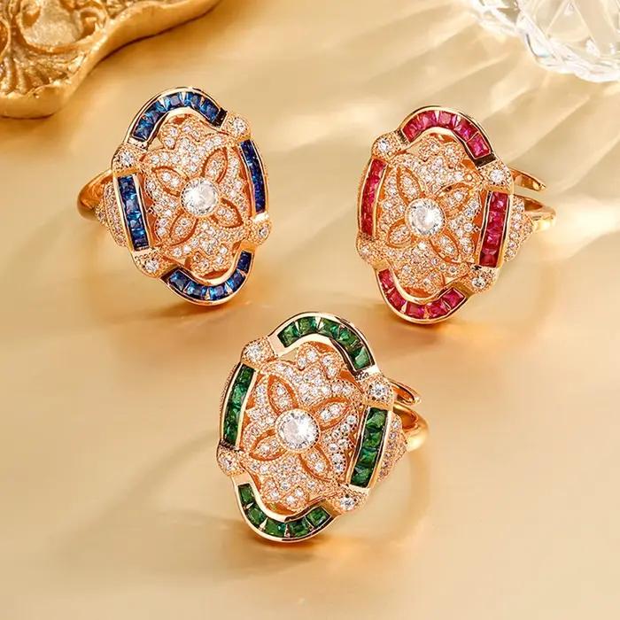 Vinregem Sparkling Lab créé saphir rubis émeraude gemmes ouvert anneau réglable pour les femmes cadeau anniversaire bijoux fins en gros