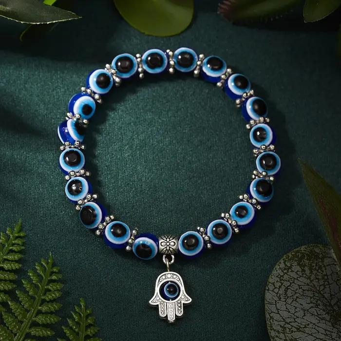Bracelet mauvais œil bleu main de Fatima dinde mille yeux souhait fait