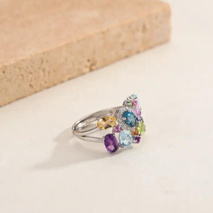 Bague de cocktail en argent sterling 925 sertie de topaze et pierres naturelles multicolores pour femmes occasions spéciales
