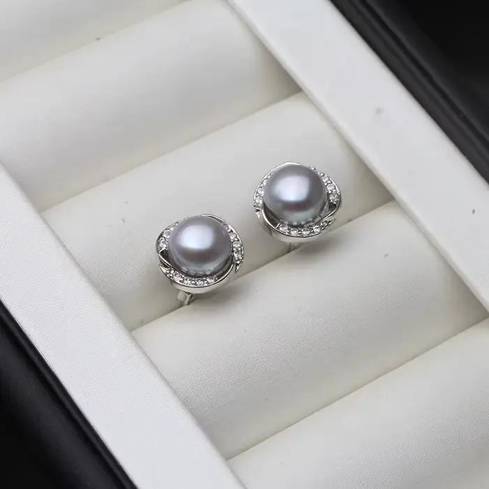 Boucles d'oreilles en perles noires d'eau douce naturelles, bijoux pour femmes, boucles d'oreilles de mariée en argent 925 avec perles, cadeau d'anniversaire blanc gris
