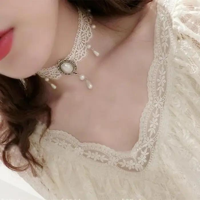 Collares mujer corchassis-Collier ras du cou en velours blanc pour femme