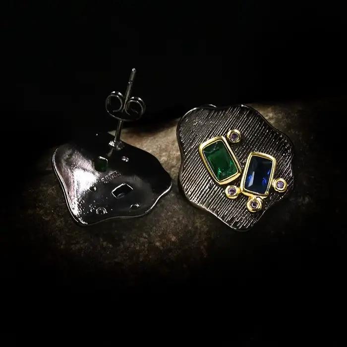 Boucles d'oreilles de luxe en argent sterling 925 avec pierres précieuses géométriques émeraudes, style rétro antique, bijoux africains, cadeau