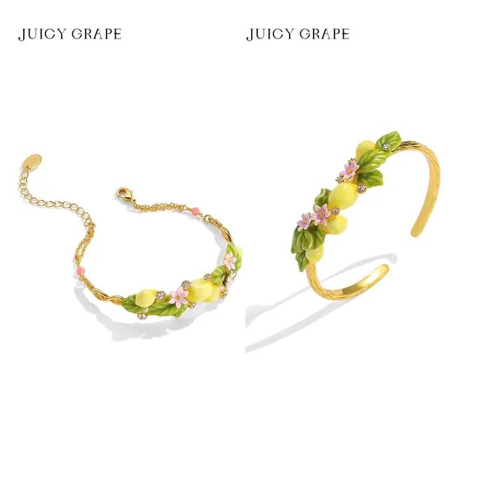 Bracelet Citron Émaillé Plaqué Or 'Juicy Grape' Femme Bohème Réglable Occasions Spéciales Fleur Fruit Jaune