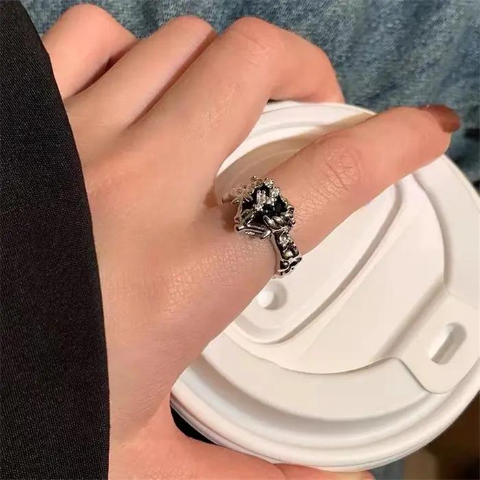 Punk Harajuku Goth épines noir argent couleur coeur irrégulier croix anneau ouvert pour femmes hommes amoureux Vintage années 90 Y2K Grunge bijoux