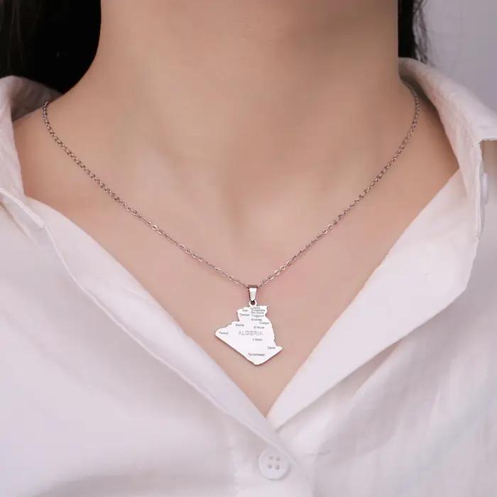 Kkjoy mode acier inoxydable couleur or carte d'ALGERIA pendentif collier pour femmes hommes