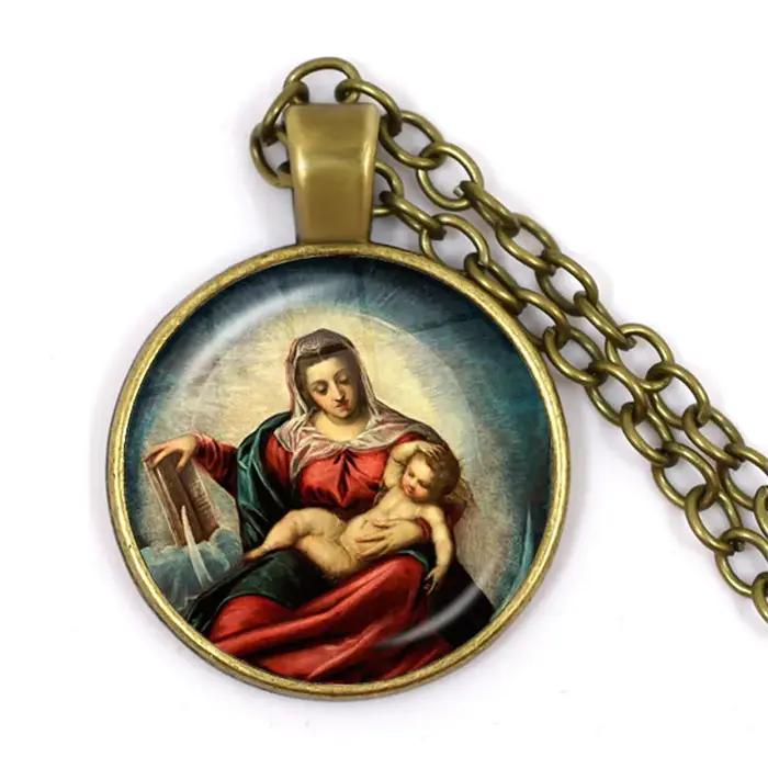 Vierge Marie et bébé jésus catholicisme chrétien bijoux collier béni mère Art religieux verre Cabochon dôme pendentif cadeau