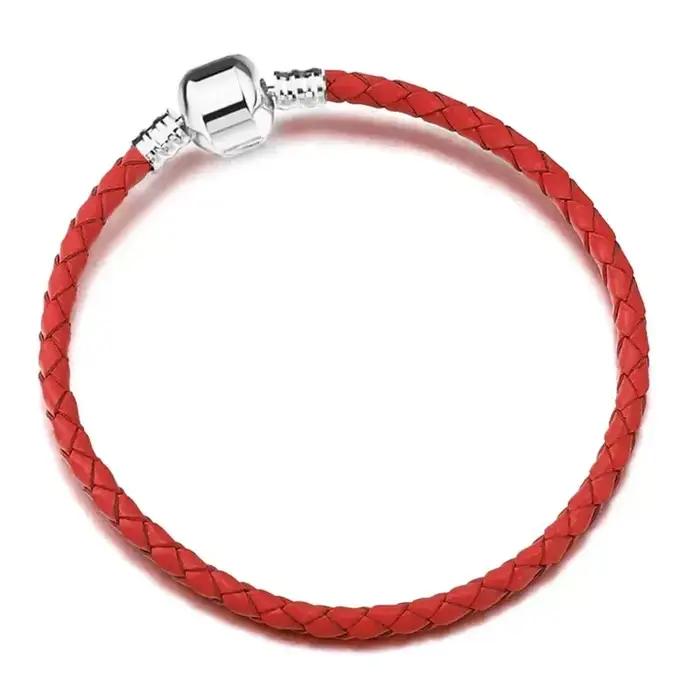 Bracelet en cuir avec perles rondes en argent pur S925