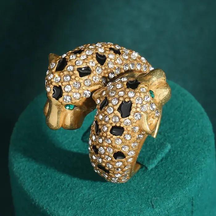 Bague léopard de luxe moderne | Plaqué or 18 carats et zircone | Conception artistique sauvage