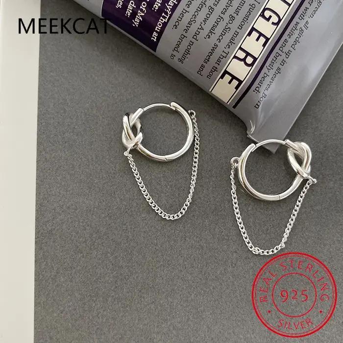 925 en argent Sterling corde noeud gland boucles d'oreilles chaîne cravate un noeud conception boucl