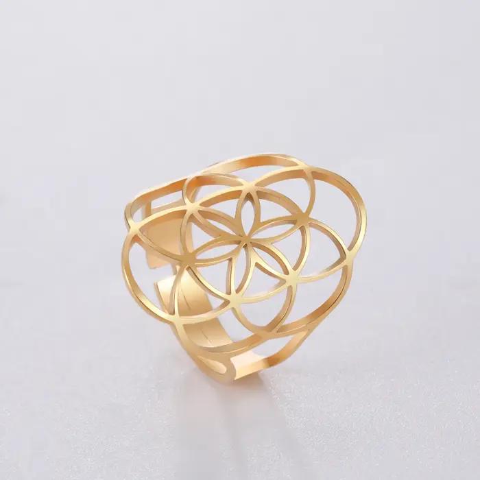 Amaxer Simple géométrie sacrée fleur de vie anneau pour les femmes petite feuille Unique Lotus bague en acier inoxydable saint valentin bijoux cadeaux