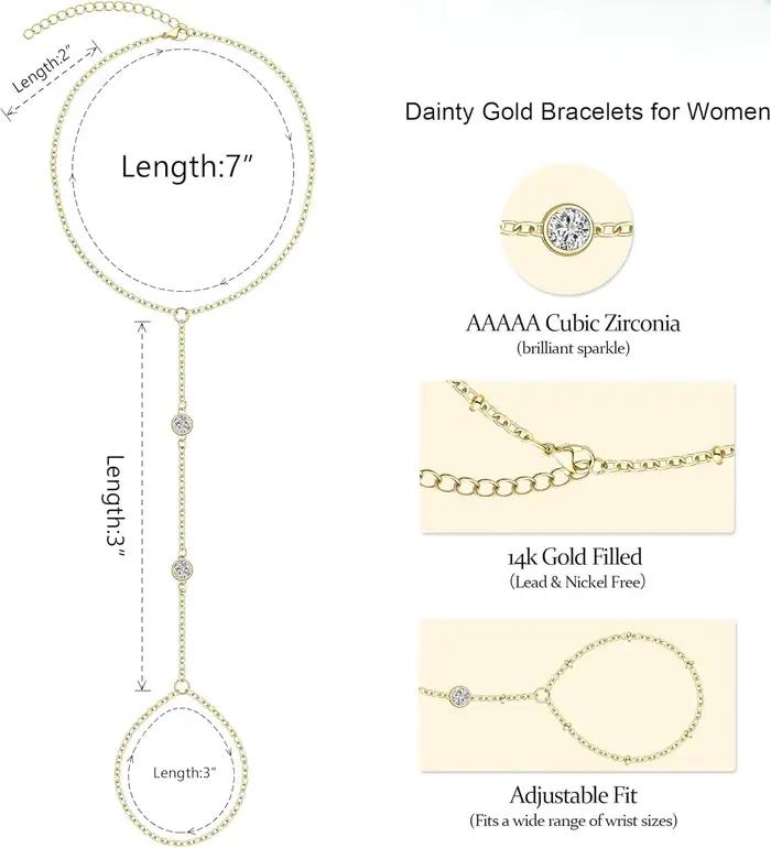 Femmes à la mode 14K plaqué or véritable délicat CZ main chaîne Bracelets bijoux anneau Bracelet corps