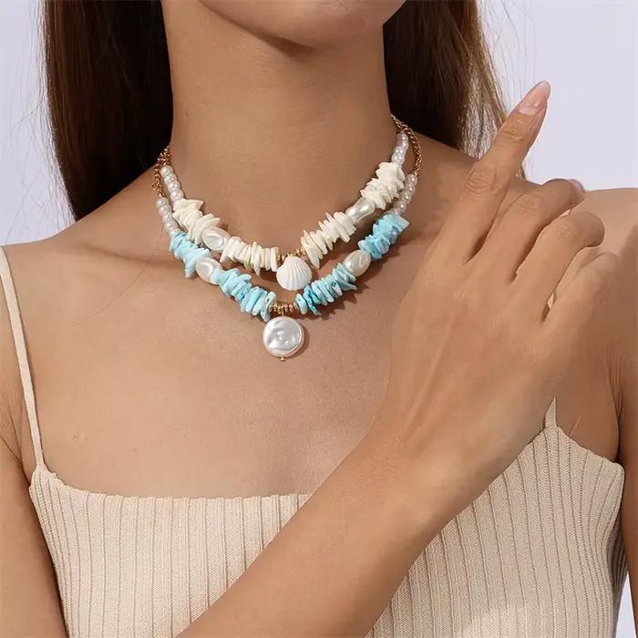 Collier de perles imitations en forme de coquillage fait main pour femmes romantique classique trendy océan plage vacances bijoux décoration