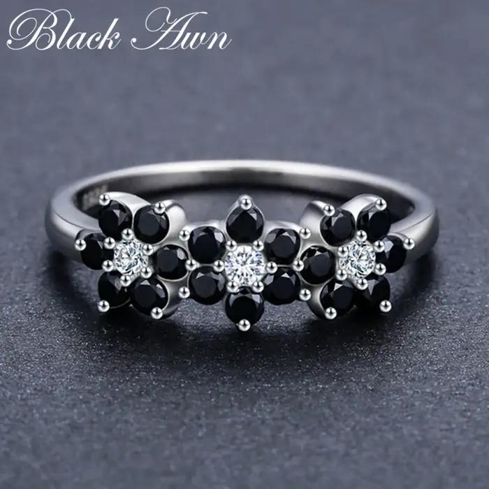 Noir awn nouveau mignon couleur argent Bijoux fleur Bague