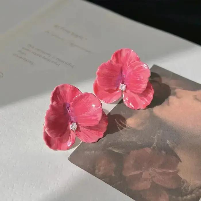 LATS rouge bleu émail fleur boucles d'oreilles pour femmes mode coréenne cinq pétales cristal fleuri belle filles mignonnes décoration d'oreille