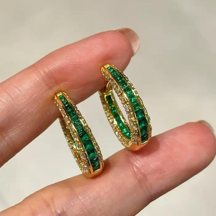 Boucles d'oreilles créoles vintage en argent sterling 925 serties d'émeraudes et de diamants pour femmes occasions spéciales mariage fiançailles