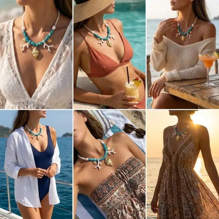 Collier en résine coquillage métallique et pierres concassées de corail pour femmes et hommes