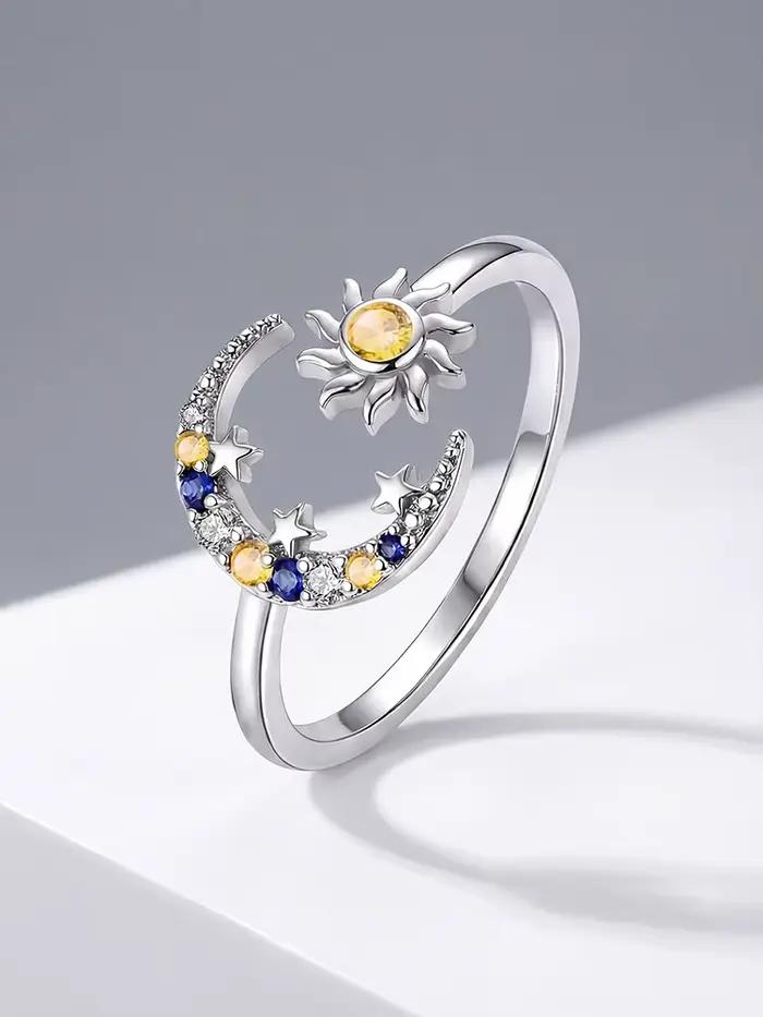 Bague réglable classique lune et soleil en argent sterling 925 pour femme, pour les fêtes, le quotid