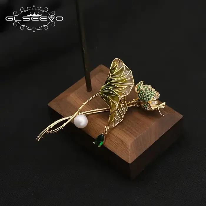 Bijoux doré fleur de Lotus feuille perles d'eau douce naturelles broche cadeau pour femmes fille épi