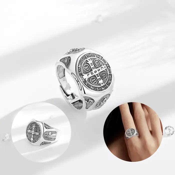Bague en argent sterling 925 sertie de Saint Benoît pour homme femme protection et sérénité occasions spéciales
