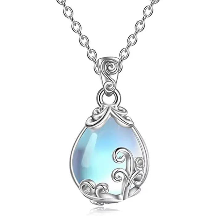 Collier pendentif en pierre d'opale simulée pour femme, bijou moderne avec chaîne O et pendentif géométrique pour occasions spéciales et mariage