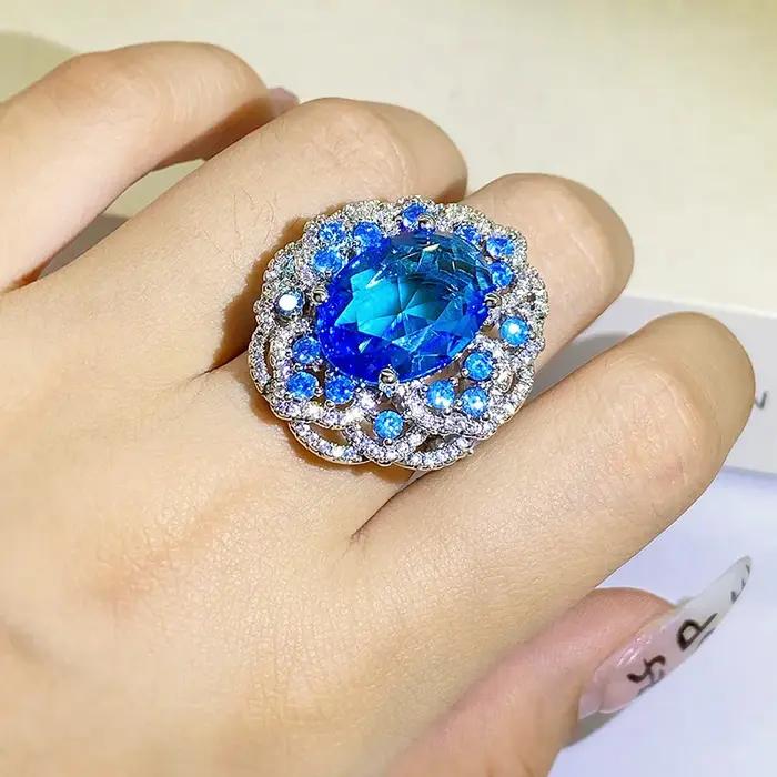 Bague à grandes fleurs en Zircon bleu scintillant pour femme