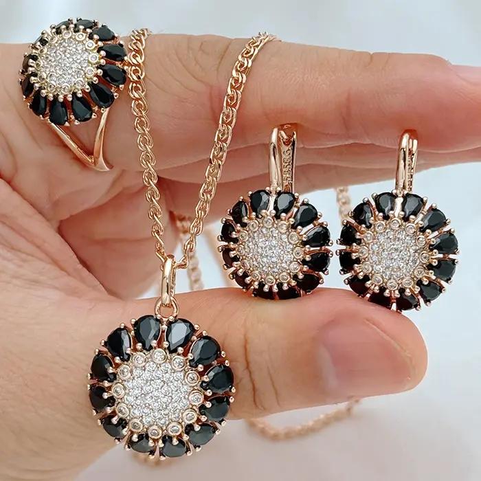 Kinel 585 couleur or Rose ethnique Vintage femmes 3 pièces ensembles de bijoux brillant noir naturel Zircon bague