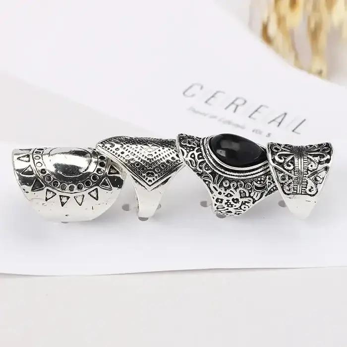 4 pièces/ensemble mode Vintage argent plaqué gitane Boho ethnique anneau creux sculpté strass Midi Knuckle anneaux femmes bijoux