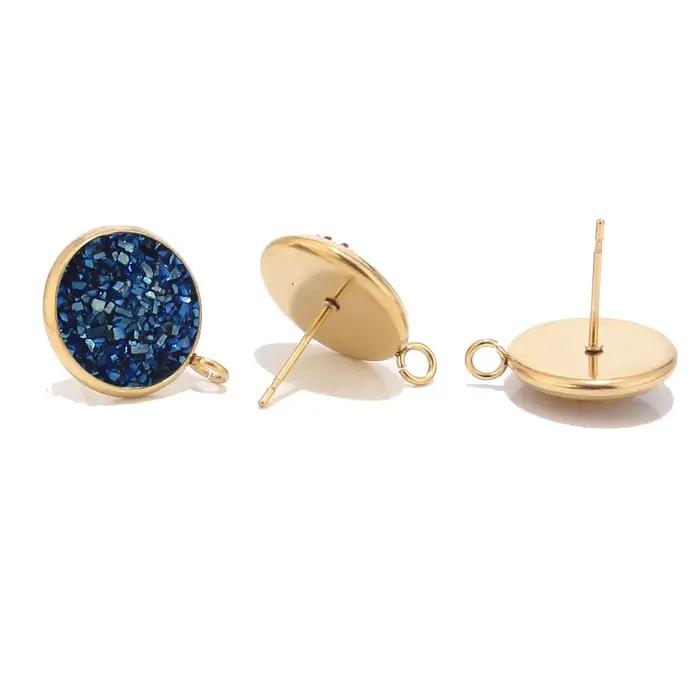 10 pièces 12mm ronde résine Druzy acier inoxydable pierre Post boucles d'oreilles résultats avec boucle or