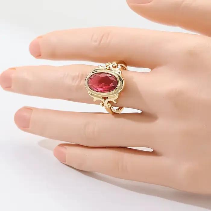 Bague vintage magnifique incrustée de rubis synthétiques ovales plaquée or pour femme