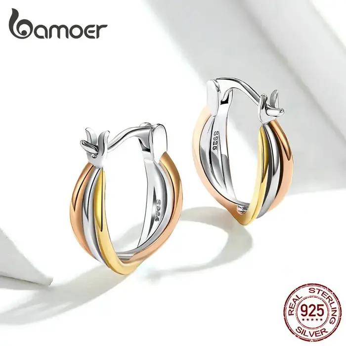 Bamoer-Boucles d'Oreilles Bicolores en Argent Sterling 925 group