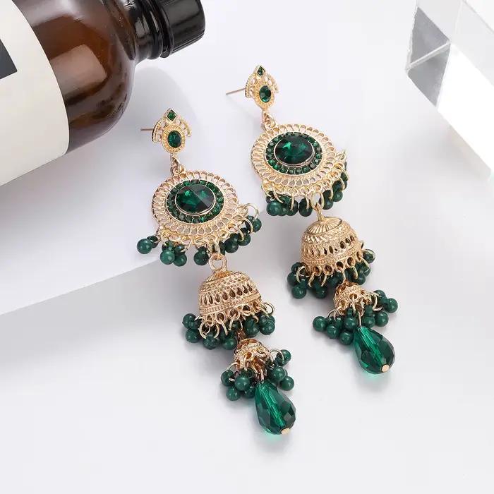 Boucles d'oreilles ethniques de luxe pour femmes, couleur or, Jhumka, Vintage, rondes, longues, pendantes, bijoux de mariage, 2023