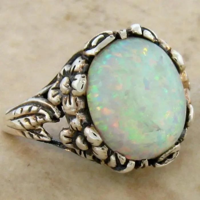 Bague vintage pour femme en argent avec opale imitation incrustée
