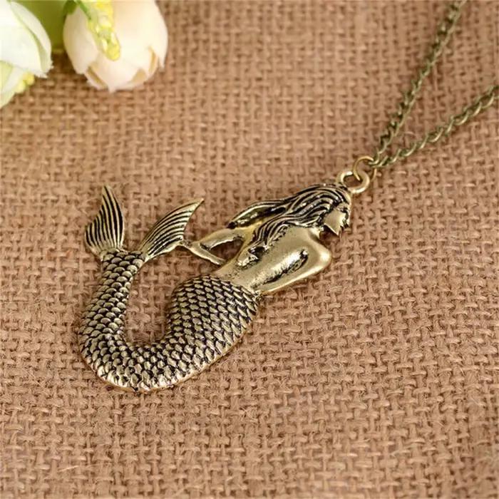 Bijoux européens et américains Style rétro argent et or sirène collier pendentif longue chaîne de pull