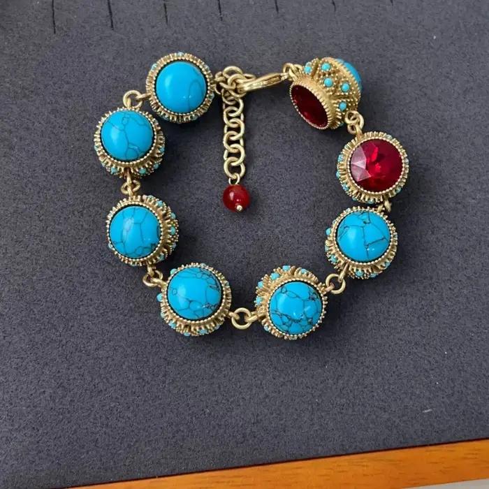 Bracelet Bohème Rétro Turquoise & Rubis Style Palais Luxe Vintage Chaîne de Main pour Femme
