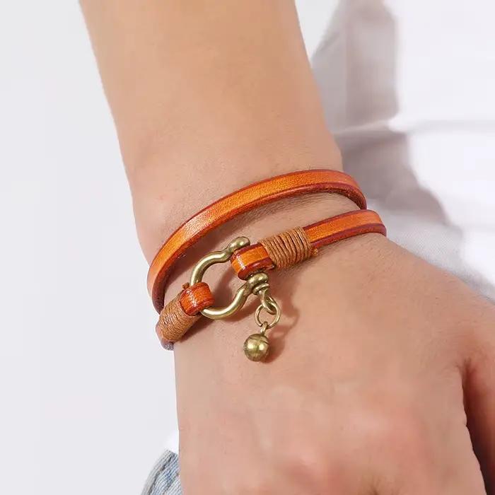 Nouveautés rétro deux boucles Bracelet en cuir hommes Punk fer à cheval boucle Bracelets d'enveloppement bijoux créatifs cadeau