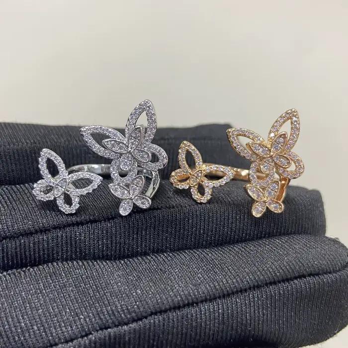 Classique S 925 en argent sterling évidé diamant serti trois bagues pour femmes en forme de papillon différente