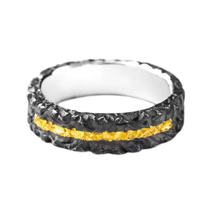 Bague rétro à texture craquelée, couleur or noir, incrustée, réglable pour homme, design créatif de