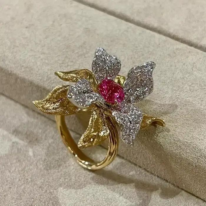 Vintage incrustation Unique luxe rubis frappant fleur anneaux pour les femmes exquis créatif exagéré bague de fiançailles argent 925 bijoux