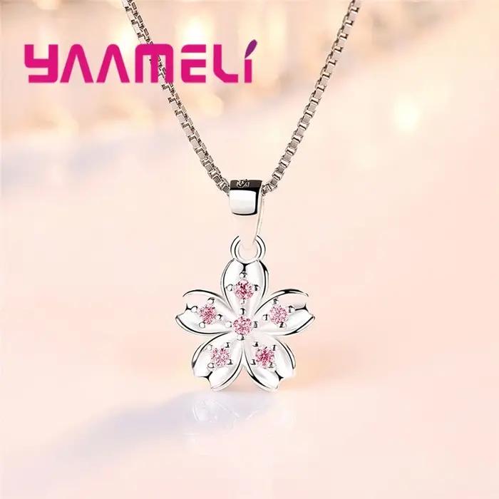 Joli bijoux en argent Sterling 925 Kawaii Sakura fleurs rose zircon cubique charmant pendentif collier avec chaînes