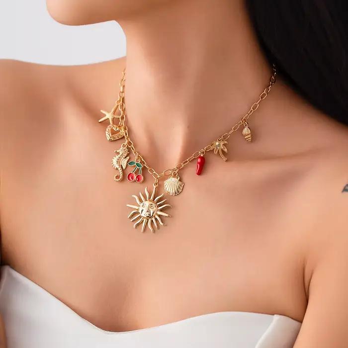 Salircon soleil étoile de mer pétoncle pendentif collier pour femmes Vintage conque été plage vacances couleur or chaîne bijoux cadeau