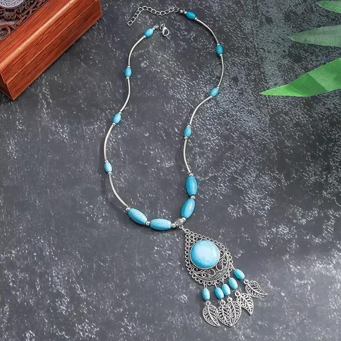 Collier en pierre turquoise naturelle pour femmes, style bohème, goutte d'eau, bijoux ethniques pour occasions spéciales et quotidienne