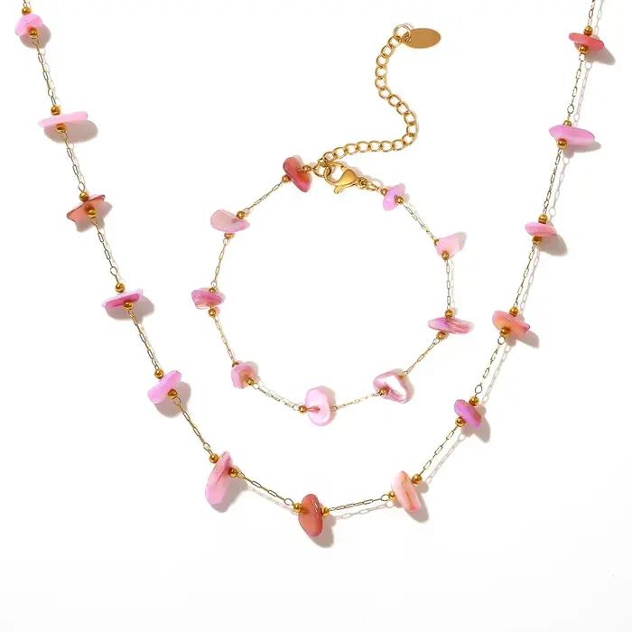 Ensemble collier et bracelet en pierres roses naturelles pour femmes