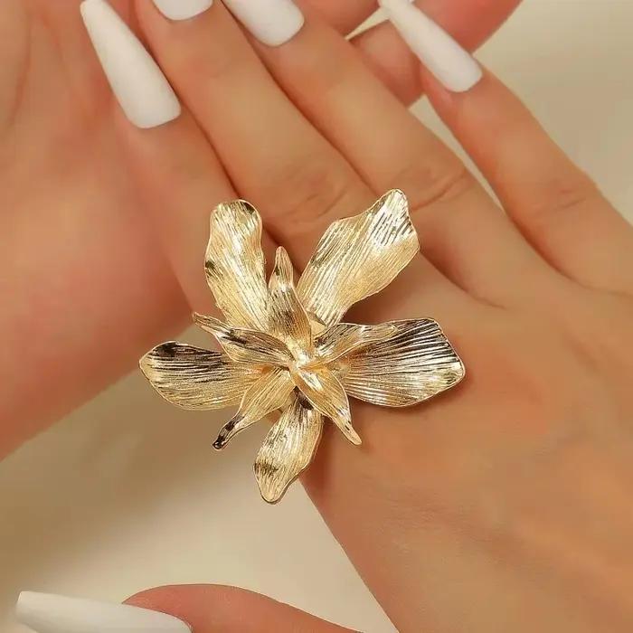 Bague double couche grande fleur personnalisée tendance punk ajustable plaqué or 14k pour femme occasions spéciales